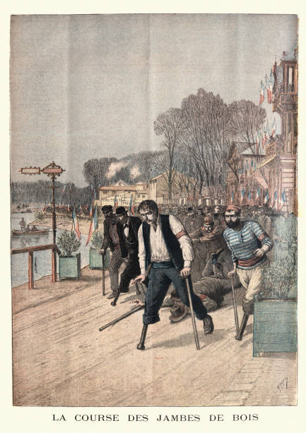 ilustrações de stock, clip art, desenhos animados e ícones de disabled athletes competing in a race, france, 19th century - paralympic games prosthetic equipment amputee athlete