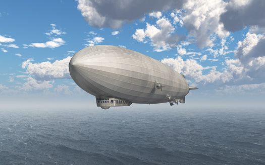 Computer generated 3D illustration with an airship over the sea