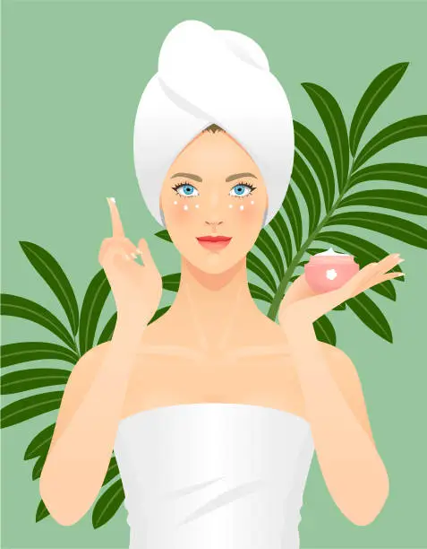 Vector illustration of Young woman applying a beauty product on her skin