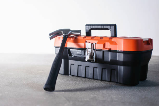 istock Set of various tools with plastic box kit, drill, gloves and hammer. Construction and renovation concept with copy space 1137334175