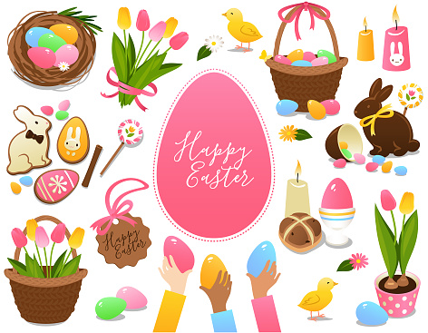 Easter symbols and treats set isolated on a white background