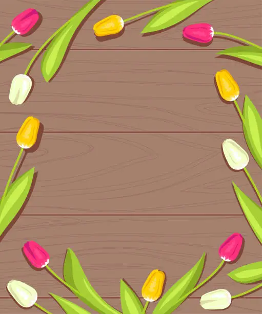Vector illustration of Colorful tulips on a wooden background