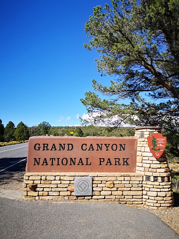 14 october 2018 , Grand Canyon, Arizona: Grand Canyon national park entrance sign in a sunny day