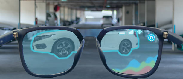 iot,ioe internet of every things concept, the smart glasses use with virtual mixed with augmented reality technology concept its show the display in 3d and feel like a real the data show on display