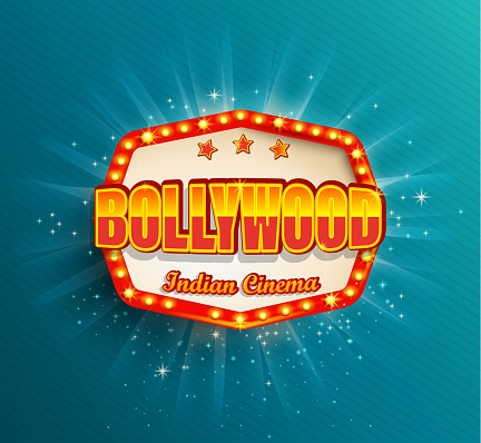 Bollywood Indian Cinema Film frame with retro light bulbs.Glowing movie symbol,poster, banner for your Design in retro vintage style.Template board on blue background.Bright signboard,lightbox