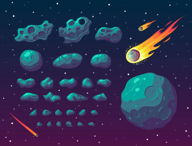 illustrazioni stock, clip art, cartoni animati e icone di tendenza di set di asteroidi e meteoroidi fantasy dei cartoni animati. - meteora