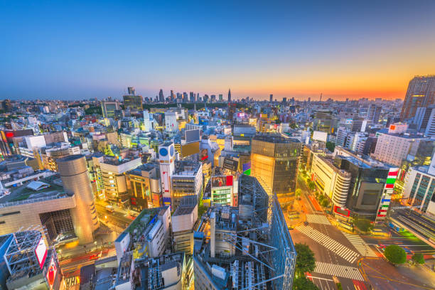 Tokyo, Japan city skyline over Shibuya Ward with the Shinjuku Ward skyline in the distance. Tokyo, Japan city skyline over Shibuya Ward with the Shinjuku Ward skyline in the distance. shibuya district stock pictures, royalty-free photos & images