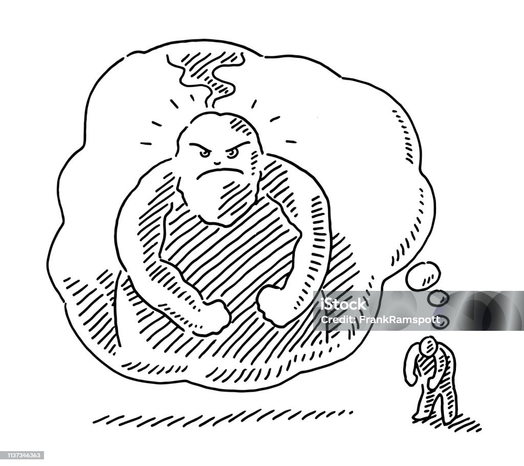 Angry Monster In Thought Bubble Drawing Hand-drawn vector drawing of an Angry Monster In a Thought Bubble of a little human figure. Black-and-White sketch on a transparent background (.eps-file). Included files are EPS (v10) and Hi-Res JPG. Aggression stock vector