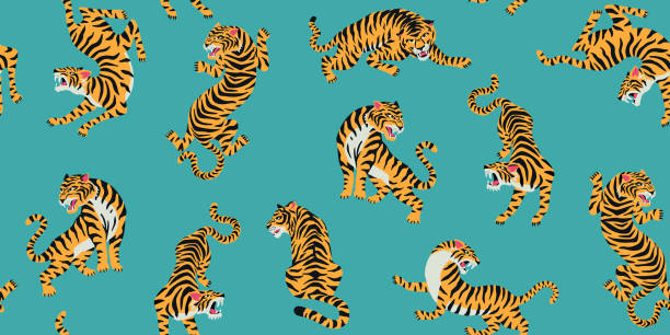 ilustraciones, imágenes clip art, dibujos animados e iconos de stock de patrón sin costuras vectoriales con tigres lindos en el fondo. diseño de tela de moda. - circo ilustraciones