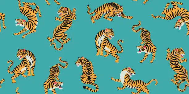 Vector illustration of Vector seamless pattern with cute tigers on background. Fashionable fabric design.