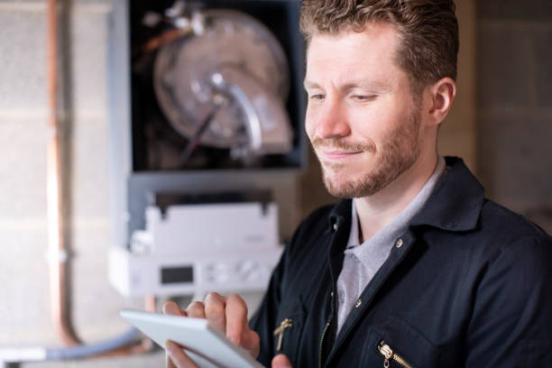 erkek isıtma mühendisi dijital tablet kullanarak merkezi isıtma kazan servis - isıtma tesisatı mühendisi stok fotoğraflar ve resimler