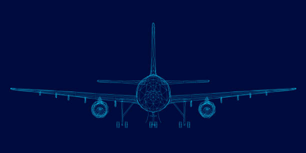istock Wireframe of the passenger aircraft of the blue lines on a dark background. Front view. Vector illustration 1137350988