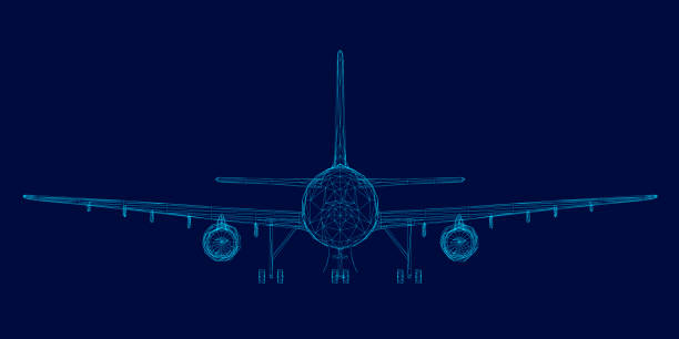 Wireframe of the passenger aircraft of the blue lines on a dark background. Front view. Vector illustration Wireframe of the passenger aircraft of the blue lines on a dark background. Front view. Vector illustration. blueprint borders stock illustrations