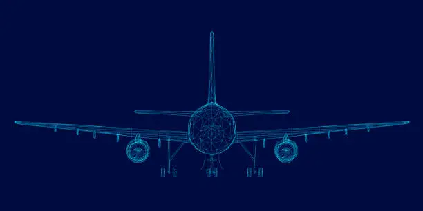 Vector illustration of Wireframe of the passenger aircraft of the blue lines on a dark background. Front view. Vector illustration
