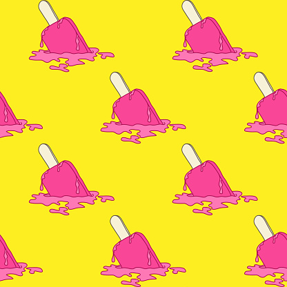 Seamless pattern with pink ice cream dropped and melting on the floor isolated on bright yellow background. Cute popsicle wallpaper. Vector illustration.