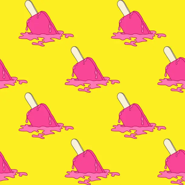 Vector illustration of Seamless pattern with pink ice cream dropped and melting on the floor isolated on bright yellow background. Cute popsicle wallpaper. Vector illustration.