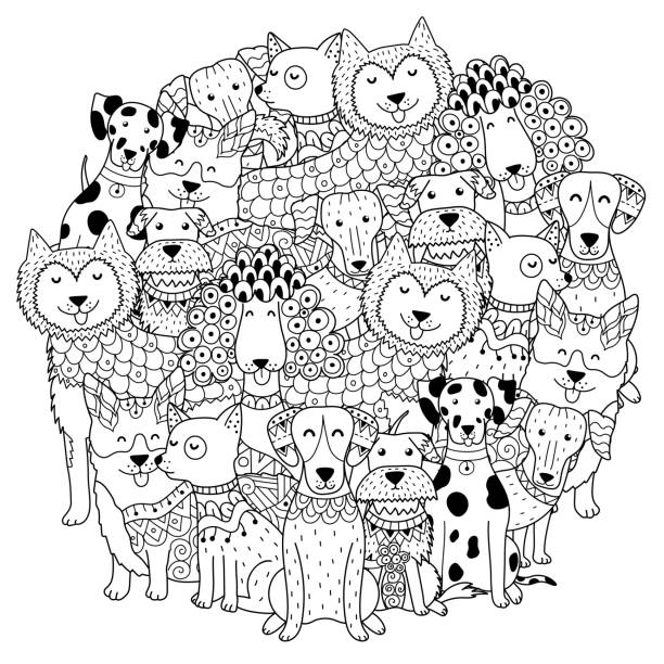 lustige hunde kreisen um das muster der form zum färben - coloring book coloring book pets stock-grafiken, -clipart, -cartoons und -symbole