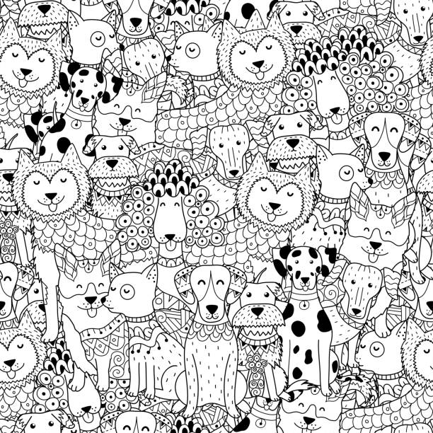 śmieszne psy czarno-biały bezszwowy wzór - terrier dog puppy animal stock illustrations