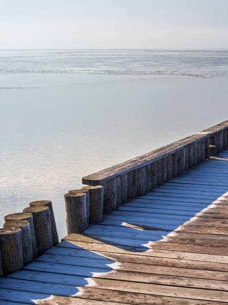 embarcadero de playa junto al lago en invierno con pilotos - bohlen fotografías e imágenes de stock