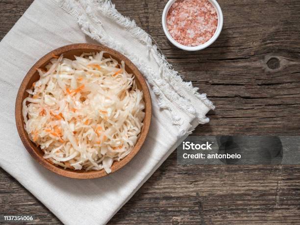 Sauerkraut Fermented Cabbage In A Brown Clay Plate On A Wooden Table Healthy Vegetarian Food And Best Natural Probiotic Stock Photo - Download Image Now