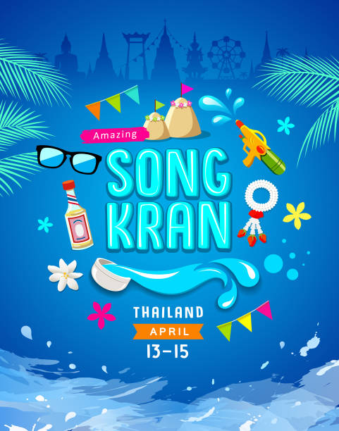 Amazing Songkran design cartaz Tailândia fundo azul - ilustração de arte em vetor
