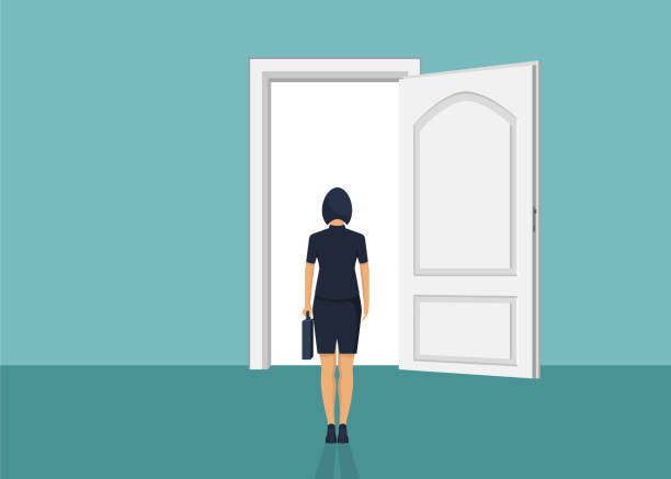 ilustrações de stock, clip art, desenhos animados e ícones de businesswoman standing in front of the door - open front door