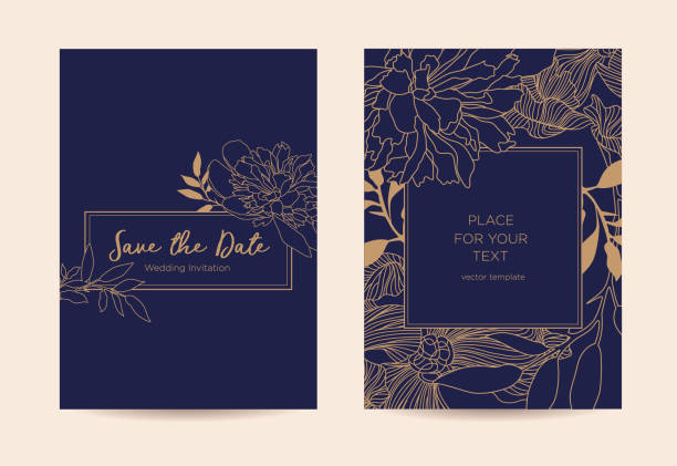 Wedding invitation card template. Golden peonies and leaves on a dark blue background. Can be used as a greeting card and as a certificate for a spa salon, restaurant and shop discount coupon template silhouette stock illustrations