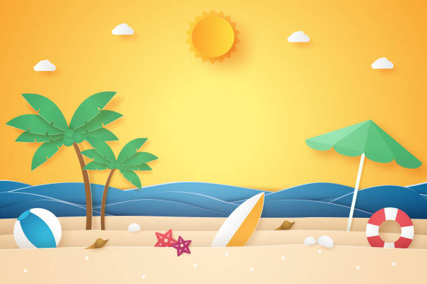 sommerzeit, meer und strand mit kokosnussbaum und zeug, papierkunst stil - sommer stock-grafiken, -clipart, -cartoons und -symbole