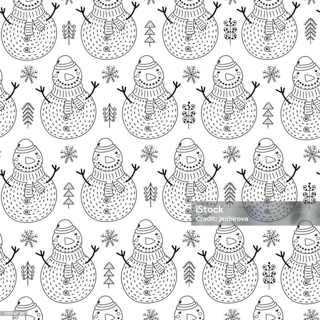 Cute snowmen seamless pattern Cute snowmen seamless pattern. Winter coloring page. Black and white Christmas background. Vector illustration Abstract stock vector