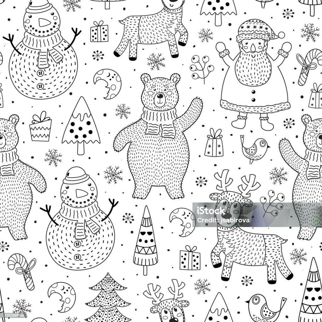 Christmas seamless pattern for coloring page Christmas seamless pattern for coloring page. Black and white background with cute characters: polar bear, Santa, deer, snowman. Vector illustration Snowman stock vector