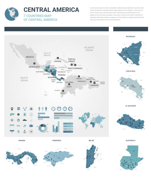 zestaw map wektorowych.  high szczegółowe 7 mapy krajów w ameryce środkowej z podziałem administracyjnym i miast. mapa polityczna, mapa kontynentu amerykańskiego, mapa świata, kula ziemska, elementy infografiki. - central america map belize honduras stock illustrations