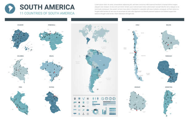 ilustrações, clipart, desenhos animados e ícones de mapas do vetor ajustados.  alta detalhados 11 mapas de países da américa do sul com divisão administrativa e cidades. mapa político, mapa do continente de américa, mapa de mundo, globo, elementos infográfico. - peru américa do sul