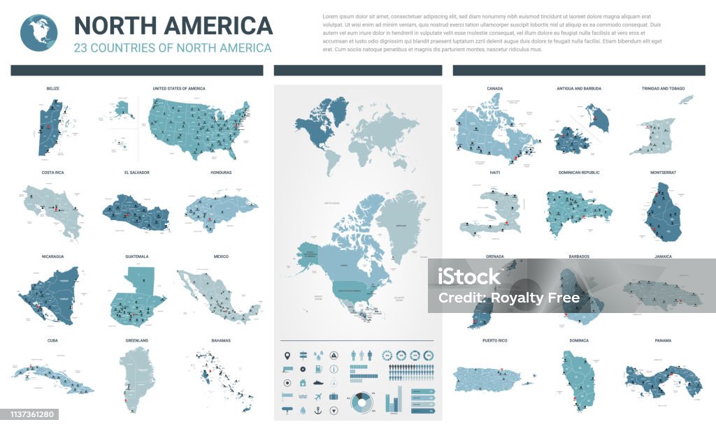 Vector maps set.  High detailed 23 maps of North American countries with administrative division and cities. Political map, map of America continent, world map, globe, infographic elements. Map stock vector