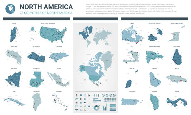 Vector maps set.  High detailed 23 maps of North American countries with administrative division and cities. Political map, map of America continent, world map, globe, infographic elements. Vector maps set.  High detailed 23 maps of North American countries with administrative division and cities. Political map, map of America continent, world map, globe, infographic elements. barbados map stock illustrations