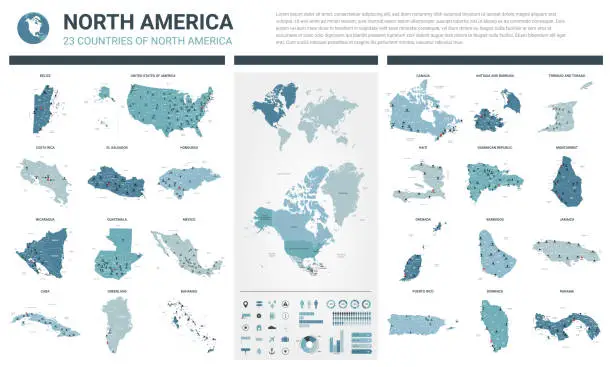 Vector illustration of Vector maps set.  High detailed 23 maps of North American countries with administrative division and cities. Political map, map of America continent, world map, globe, infographic elements.