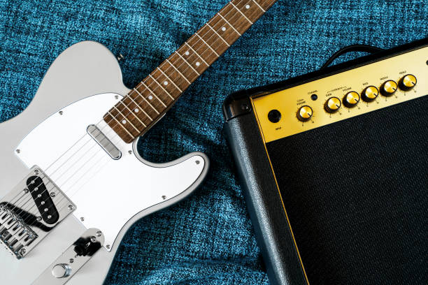 istock Guitar electric and amplifier. Rock music background. Top view 1137361481