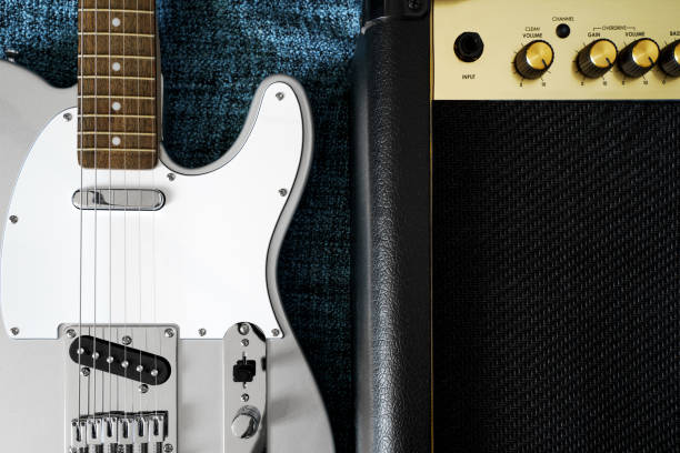 istock Guitar electric and amplifier. Rock music background. Top view 1137361524
