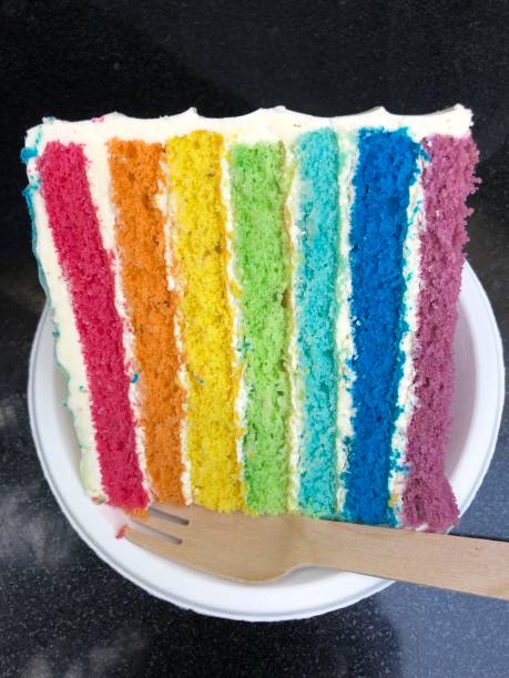 Image of slice of rainbow cake showing multi-coloured sponge layers photo with butter icing cream
