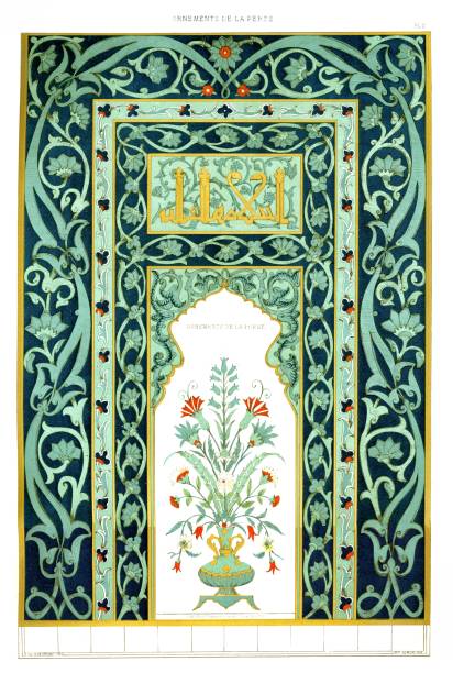 Large ceramic panel, from the Blue Mosque of Tebriz, From Persian Ornaments 1883 Persia, Iran, Deocoration, France, 1880-1889, Antique persian pottery stock illustrations