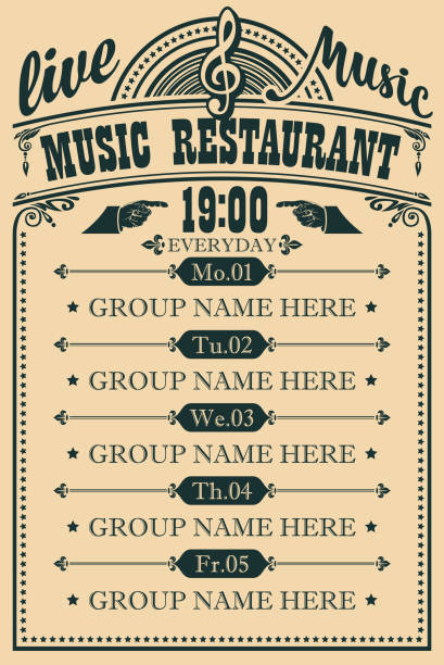 ilustraciones, imágenes clip art, dibujos animados e iconos de stock de cartel vectorial para restaurante de música con música en vivo - playbill