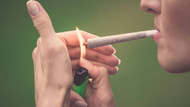 Close-up of woman lighting up marijuana cannabis joint with lighter and big fire. Ready made marihuana/hashish cigarette bought in coffee shop of Amsterdam (Holland - Netherlands) stock photo