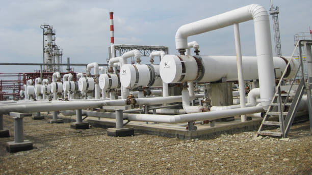 istock Heat exchangers at oil refinery. 1137366026