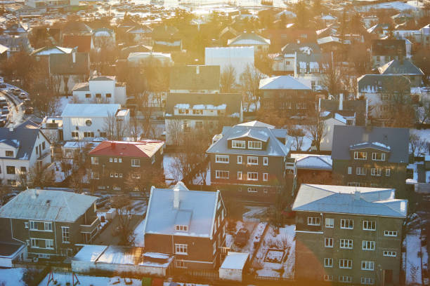 Aerial view of Reykjavik houses at sunset.