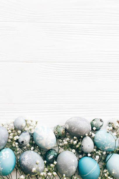 istock Stylish Easter eggs with spring flowers border, flat lay on white wooden background with space for text. Modern easter eggs painted with natural dye in blue and grey marble. Happy Easter 1137367939