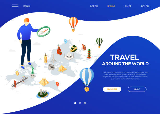 Travel around the world - colorful isometric web banner Travel around the world - colorful isometric web banner with copy space for text. Website header with a tourist with a compass, famous landmarks, Statue of Liberty, Torii, pyramids, Taj Mahal, Moai easter island map stock illustrations