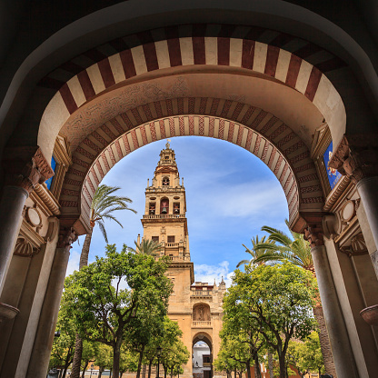 View through an archway onto the exterior courtyard of the Mezquita in Cordoba, Spain. The former mosque was converted by the catholics into a cathedral. This outdoor area is open to the public and freely accessible.
