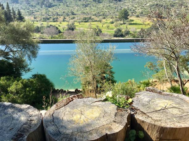 Beautiful view towards the Tramuntana mountain from a water tank in Mallorquin country mansion