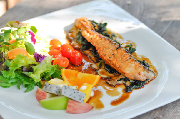istock grilled salmon, salmon steak with vegetable 1137374322