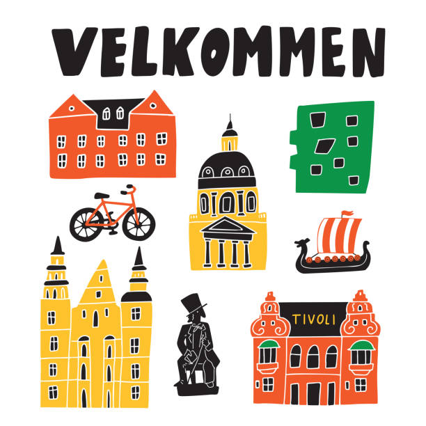 ilustrações de stock, clip art, desenhos animados e ícones de welcomein danish. velkommen. . funny hand drawn illustration of different copenhagen attractions. vector. - church greeting welcome sign sign