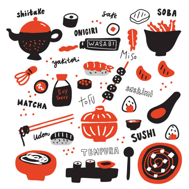 illustrations, cliparts, dessins animés et icônes de ensemble de la nourriture japonaise dessinée à la main et ses noms. griffonnages. typographie. fabriqué en vecteur. - cuisine japonaise
